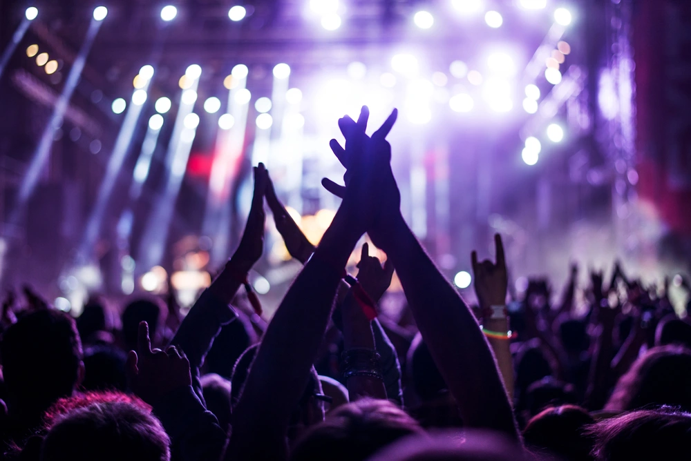 Tanzende Gäste vor einer Bühne mit Live-Musik, Party Pur.